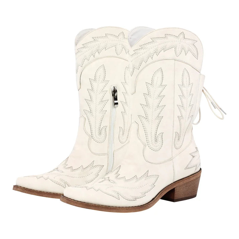 Women Pointed Toe Black Embroidery Western Boots Tapered Heel Round Up Mid-Calf Western Cowgirl Boots