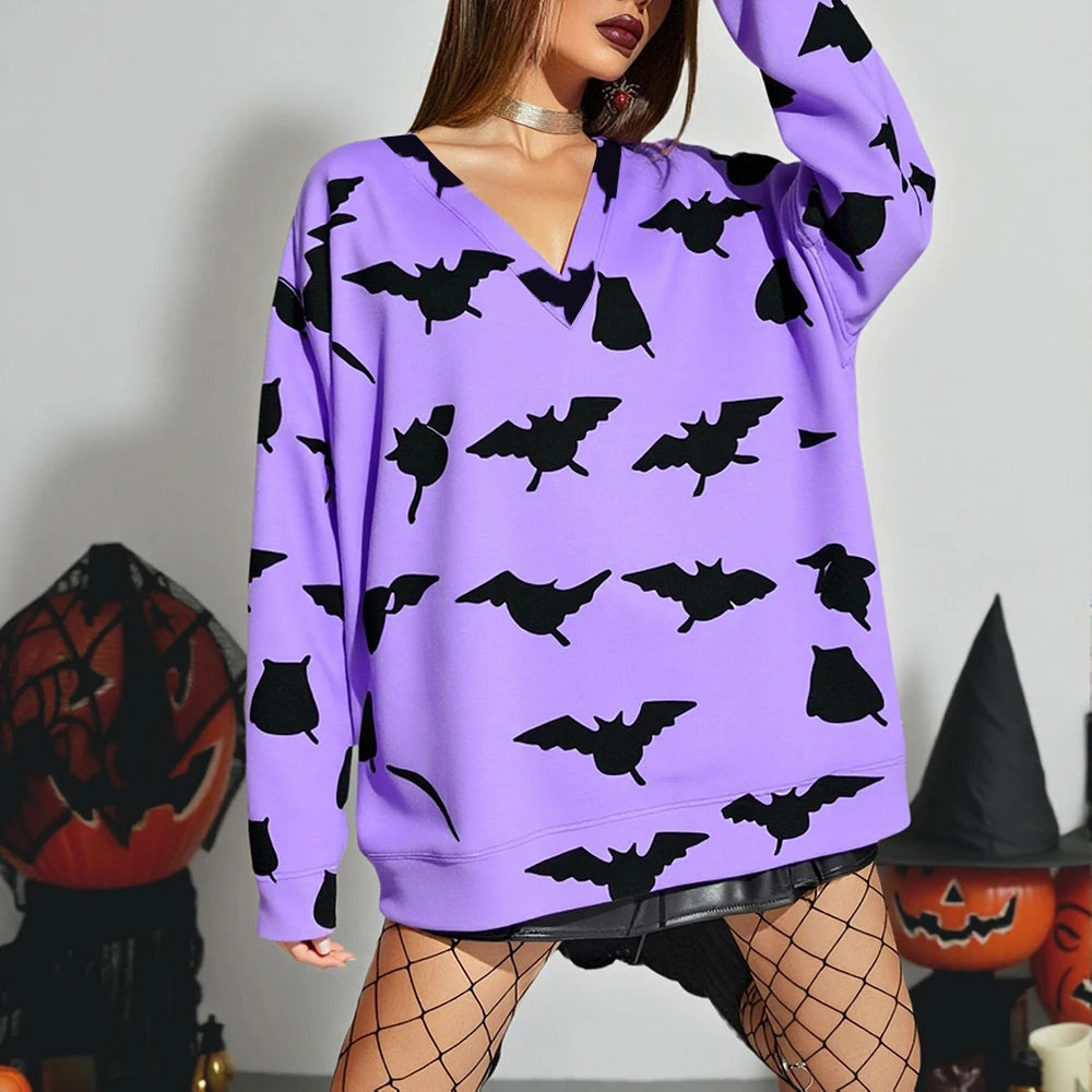 Autumn Winter Hoodies 2025 Women's Punk Bat Print Long Sleeve V-Neck Comfortable Loose Fit Halloween Hoodies