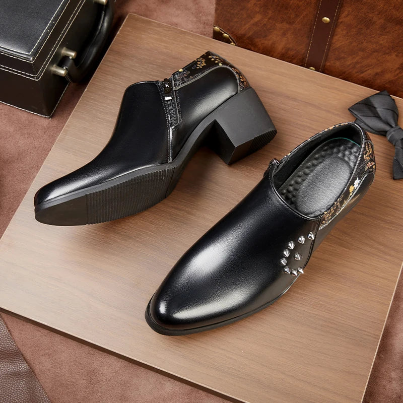 Retro Men European Fashionable Rivet Oxfords Dress Shoes High Heel Male Party Dressing Shoes Height Increasing Zipper Shoe