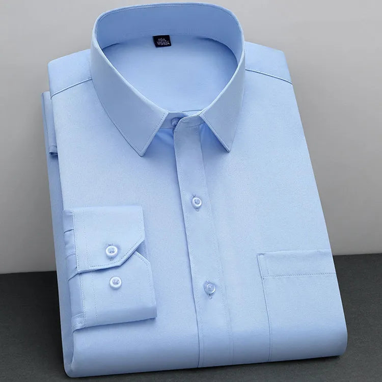 Men's Classic Solid Non-Iron Business Casual Shirt Anti-Wrinkle Soft Wear Long Sleeve Square Collar Tat Fabric Single Breasted