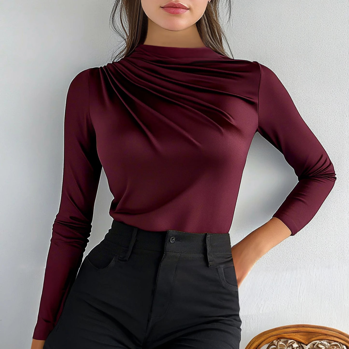 Women's T-Shirts Autumn Slim French Red Long Sleeve High-Neck Ruffle Regular Casual T-Shirts