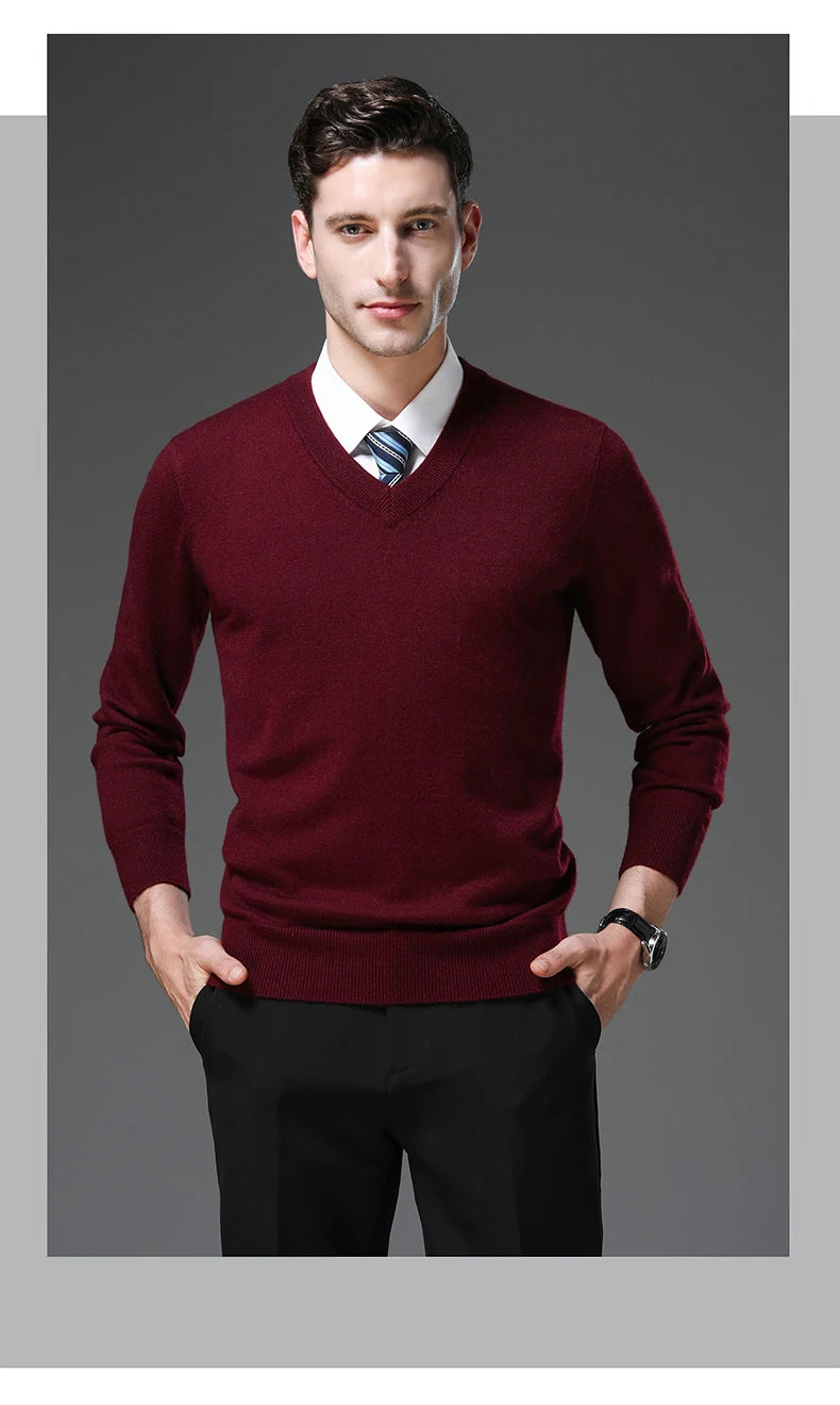 Men's Warm V-Neck Solid Colour Sweater, Autumn & Winter Stretch Top, Daily Leisure Pullover Knitwear, Male Business Casual