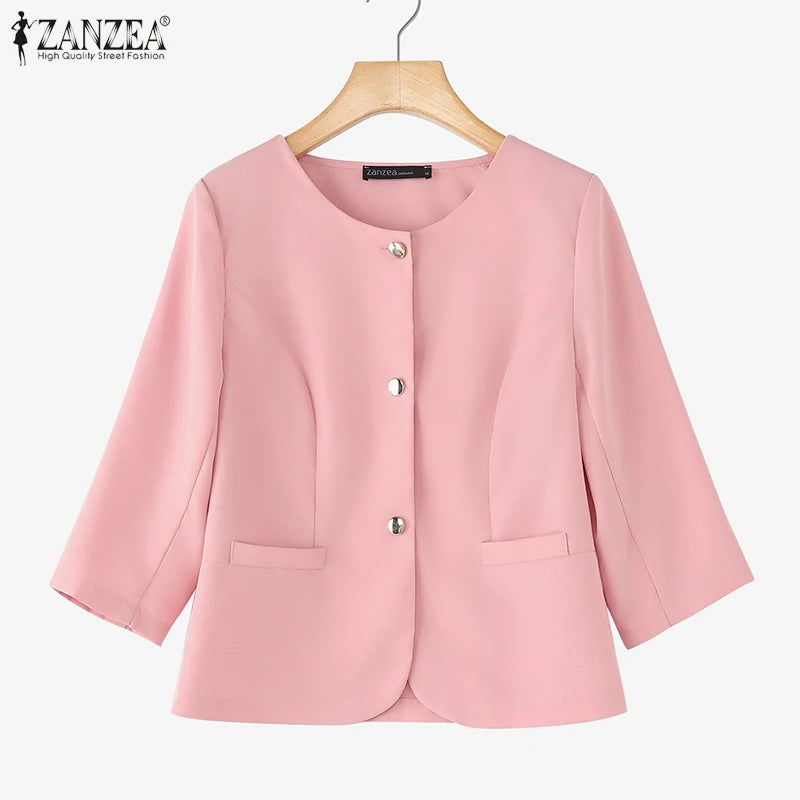 Elegant Women Over Shirts 2025 Autumn Fashion Round Neck 3/4 Sleeve Button Up Chemises Femme Office Wear Solid Outerwear