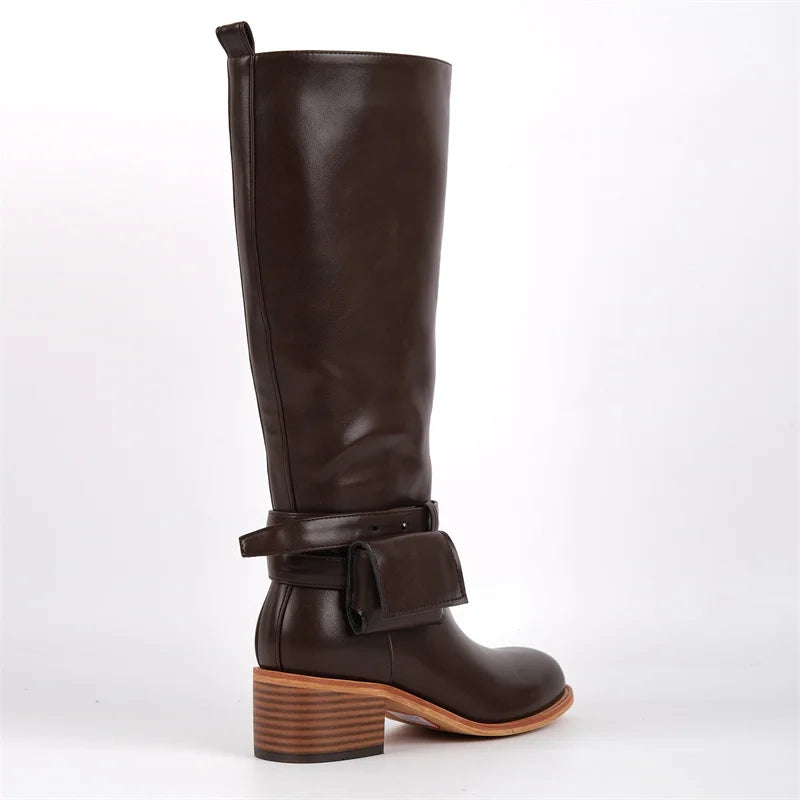 Women Round Toe Knee High Boots Low Heel Fashion Pull on Wide Calf Boots
