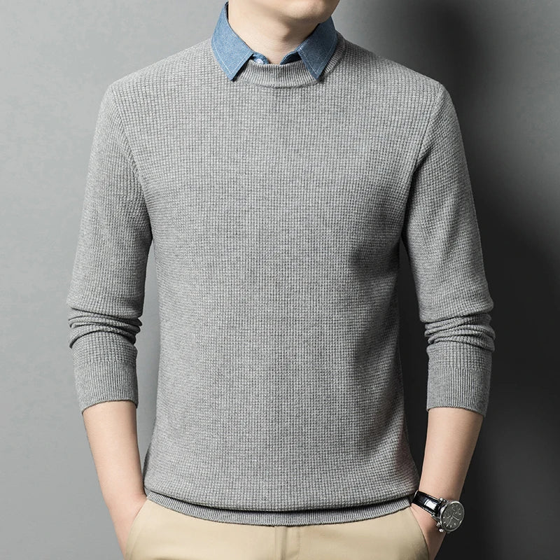 Men's Top Grade Fake Two Collared Fashion, Designer Knitted Pullover Sweater, Casual Brand Slim Fit Male Jumpers