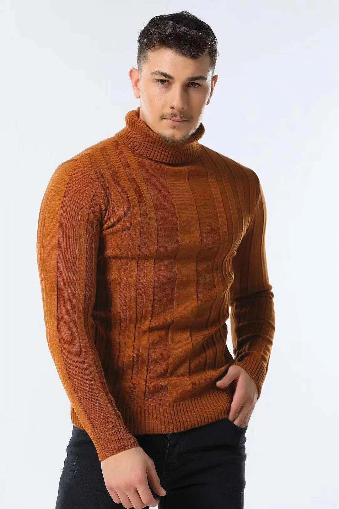 Men's Slim Fit Pullovers Turtleneck Casual Basic Solid Colour Warm Striped Sweater Male Winter Fashion Sweaters
