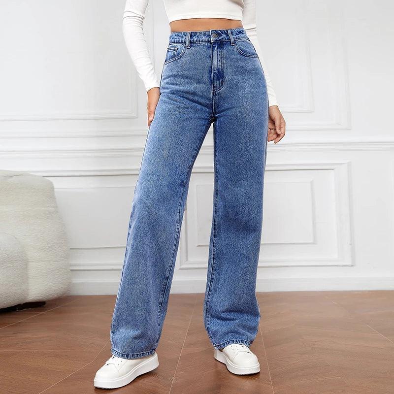 Women's Simple Versatile Straight Jeans Casual Loose High Waist Washed Denim Street Fashion Button Pocket Long Pants