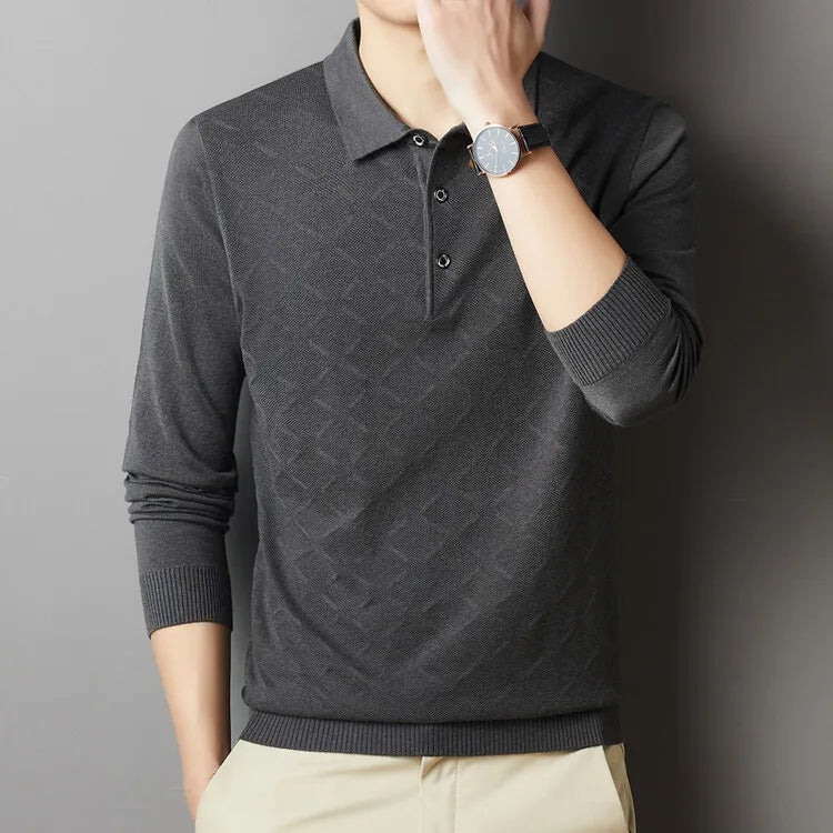 Men's High Quality Woollen Polo Shirt, Blend Fashionable Embroidered Long Sleeve Tee, Korean Style Casual Menswear
