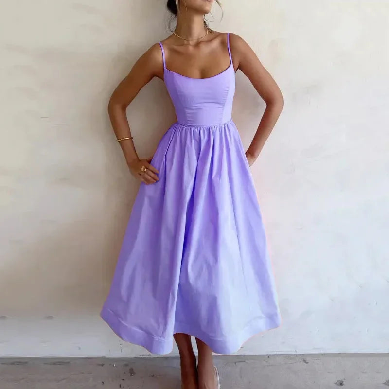 U-neck Summer Women's Dress Vintage Elegant Sleeveless Camisole Slim Pleated Sundress Loose Host A Performance Party Long Dress