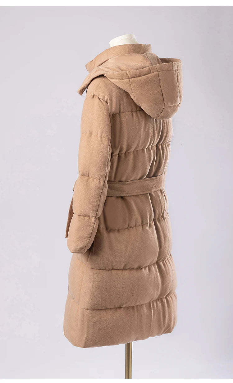 Women's Luxury Puffer Wool Winter Jacket, Duck Down Coat, Long Hat Detachable Hooded Outerwear For Ladies