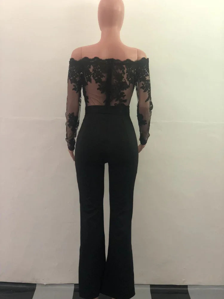Off Shoulder Mesh Embroidery Long Sleeve Flare Jumpsuit With Belt