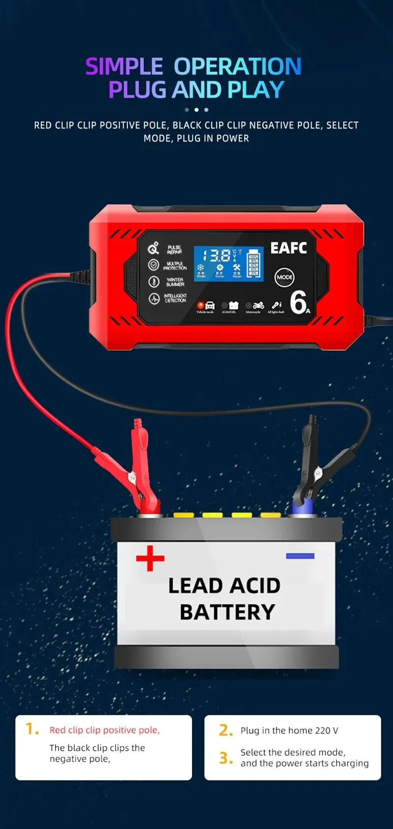 12V Groot Scherm 6A Digitale Auto Acculader Onderhouder voor Auto Motorfiets SUV Vrachtwagen Auto AGM Diepe Cyclus VRLA Puls Reparatie