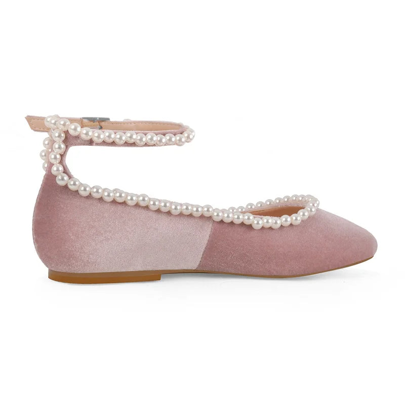 Women Velvet Pearls Flats Round Toe Pink Strap Retro Elegant Big Size Slip On Daily Flats