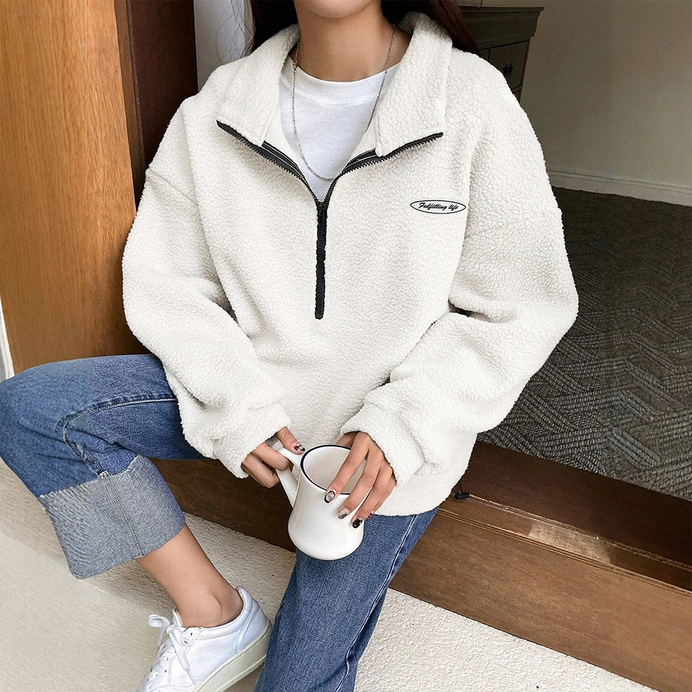 Autumn Winter Hoodies 2025 Women's Comfy Solid Colour Long Sleeve Zipper Half Open Collar Loose Fit Casual Hoodies