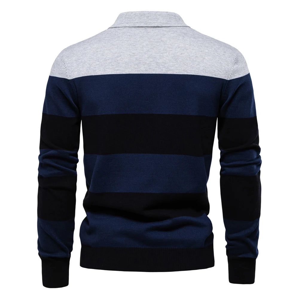 Herren-Pullover mit Streifen aus Baumwolle und Polokragen zum Knöpfen, lässiger Business-Pullover für Herren
