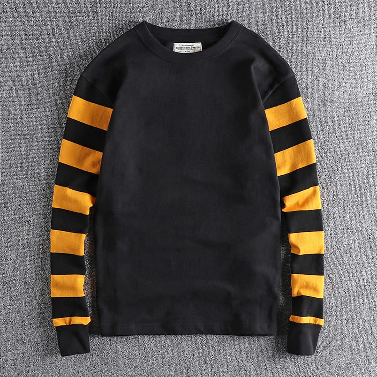 Herfst Amerikaanse Retro Lange Mouw Zwaargewicht Gestreept T-shirt Herenmode Puur Katoen Gewassen Gevangenis Motorfiets Casual Tops