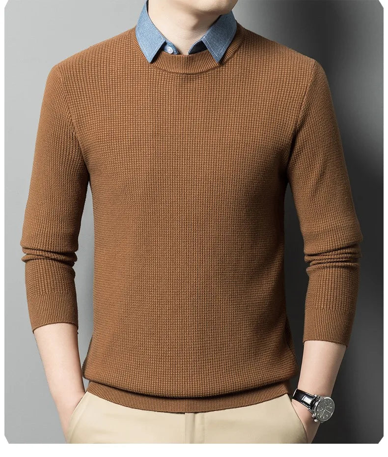 Men's Top Grade Fake Two Collared Fashion, Designer Knitted Pullover Sweater, Casual Brand Slim Fit Male Jumpers