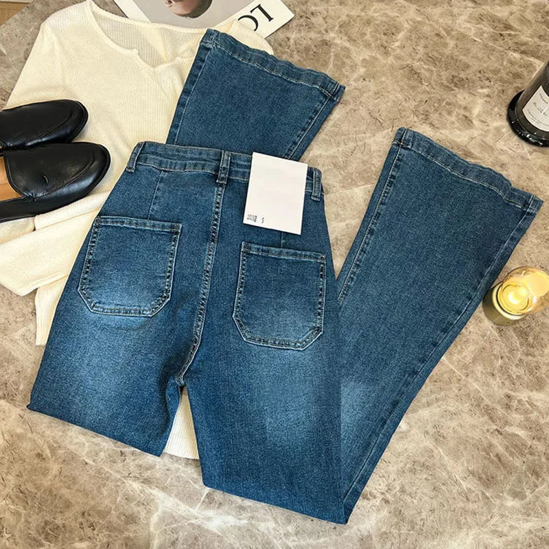 New Women's High Waist Washed Jeans Korean Style Pockets Slim Denim Flared Pants Ladies Vintage Stretch Classic Jean Trousers