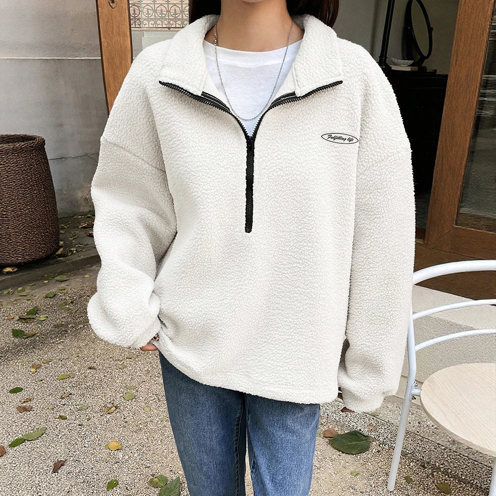 Autumn Winter Hoodies 2025 Women's Comfy Solid Colour Long Sleeve Zipper Half Open Collar Loose Fit Casual Hoodies