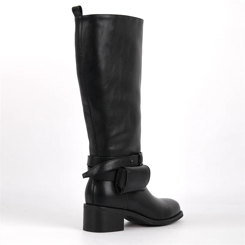 Women Round Toe Knee High Boots Low Heel Fashion Pull on Wide Calf Boots