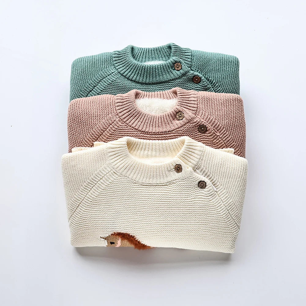 Winter New Cartoon Kids Baby Sweaters Fur Lining Kids Knitwear Fleece Boys Girls Pullover Coat 1-6Y Unisex