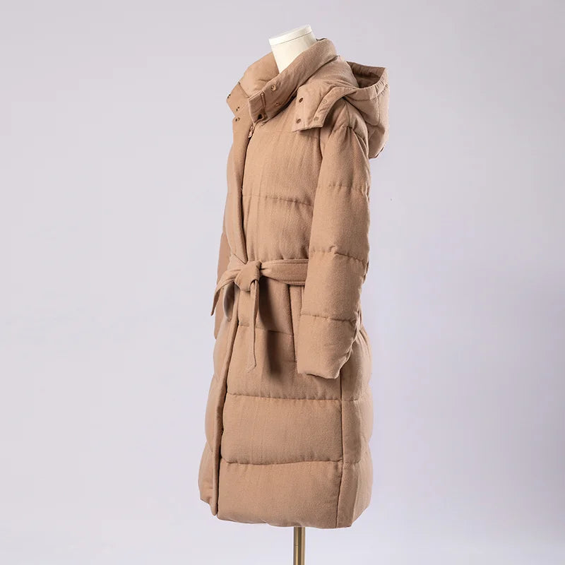 Women's Luxury Puffer Wool Winter Jacket, Duck Down Coat, Long Hat Detachable Hooded Outerwear For Ladies