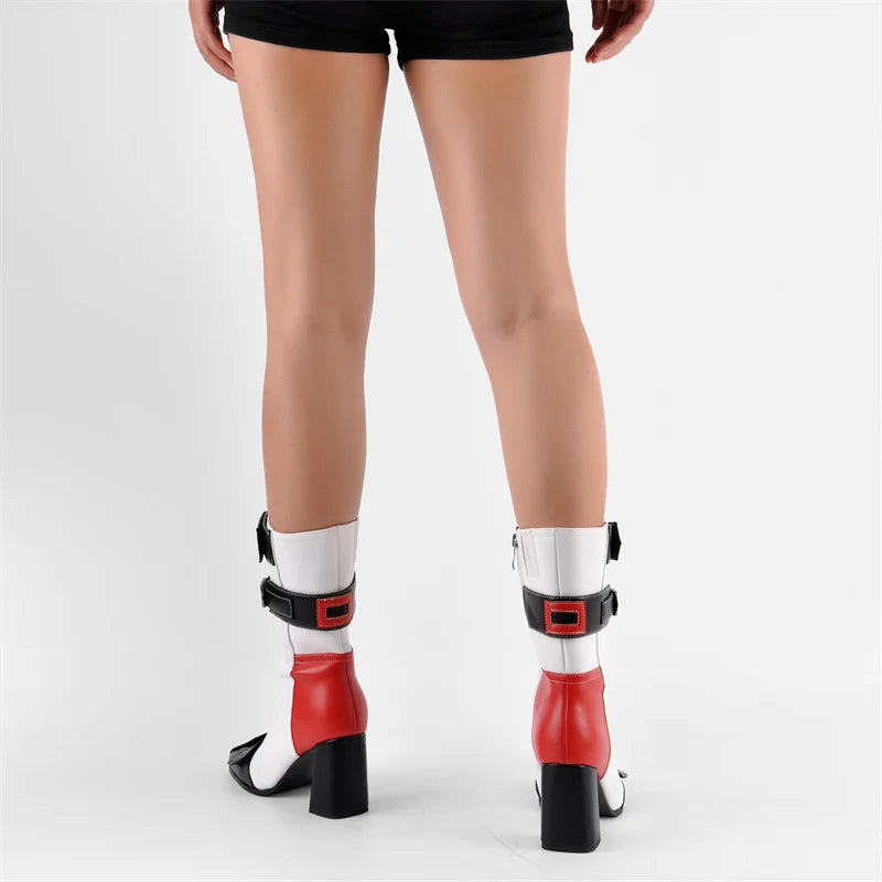 Square Toe Patchwork Buckle Belt Ankle Boots Fashion Side Zipper Boots
