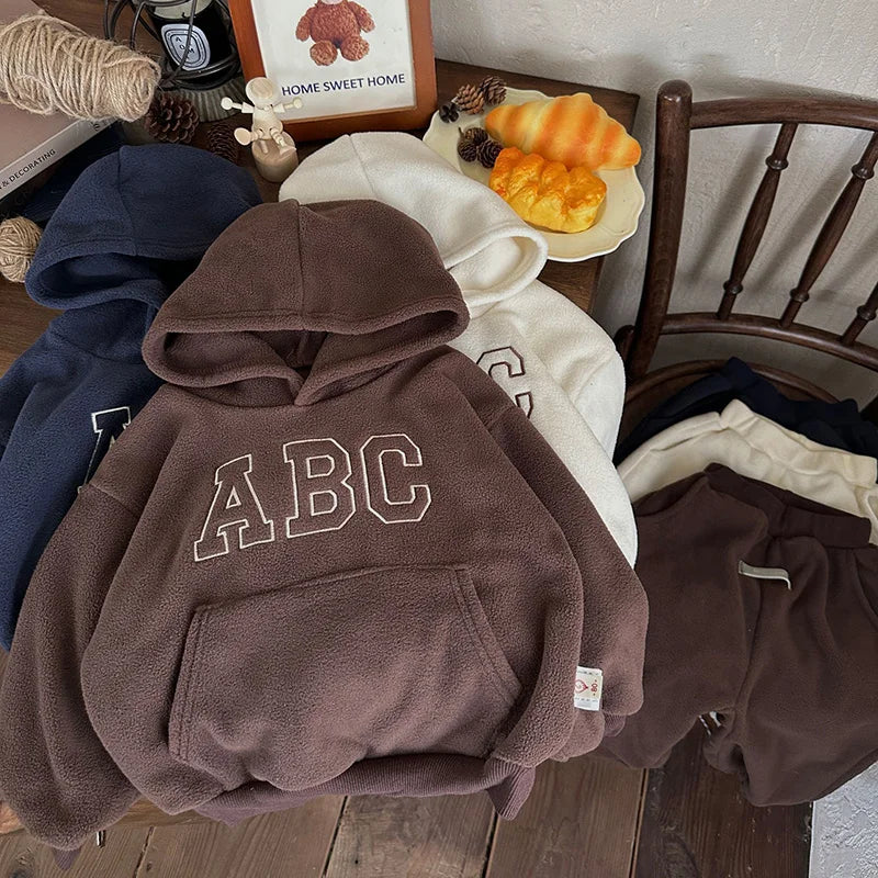 Winter Kids Clothing 2PCS Set Fur Lining Boys Girls Hoodie Set Hooded Sweat Shirt And Pants Track Suit 12M-7T Unisex