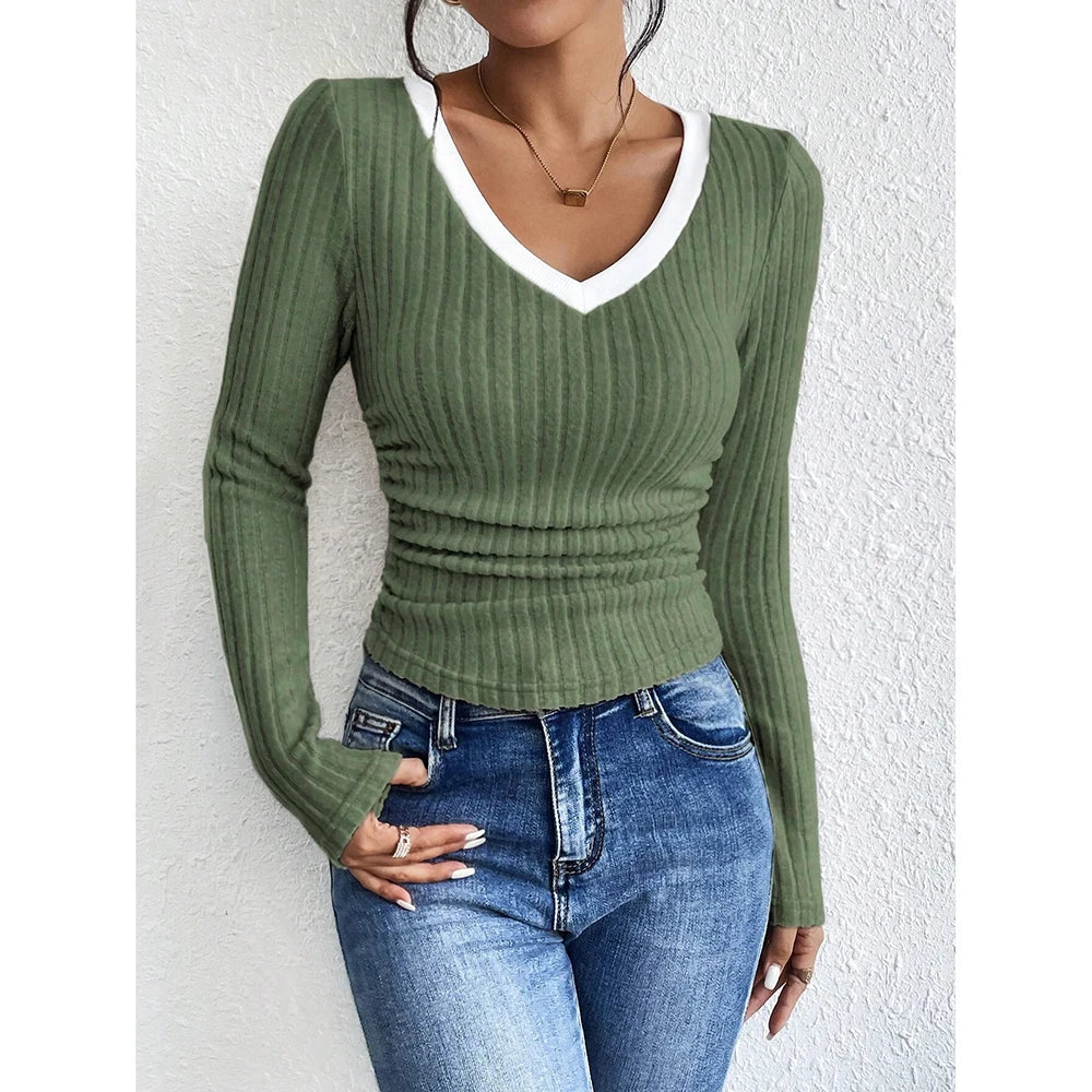 Women's T-Shirts Autumn Winter Fashion Contrast Colour Long Sleeve V-Neck Fashion T-Shirts