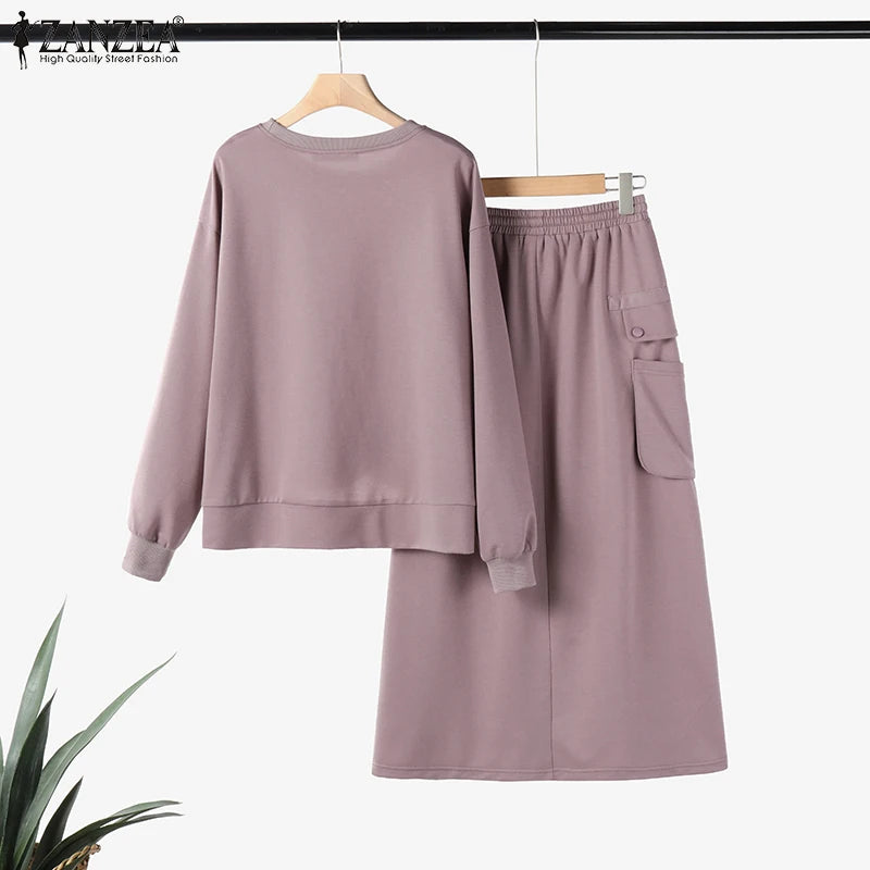 Daily Wear Elastic Waist Skirt Dress Sets Casual Spring Loose Solid Skirt Suits Women Knotted Hem Sweatshirt 2pcs Outfits