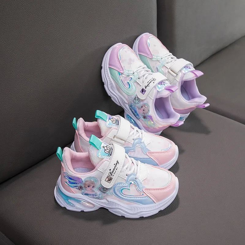 Girls' Casual Shoes Frozen Princess Elsa Sneakers Mesh Leather White Breathable Sole Children's Sport Shoes Size 26-37