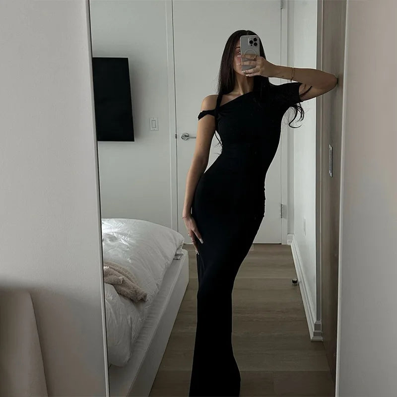 Smooth Bandage Dress Woman Summer Sexy Irregular Solid Sheath Chic Stretch Body-Shape Birthday Party Elegant Bodycon