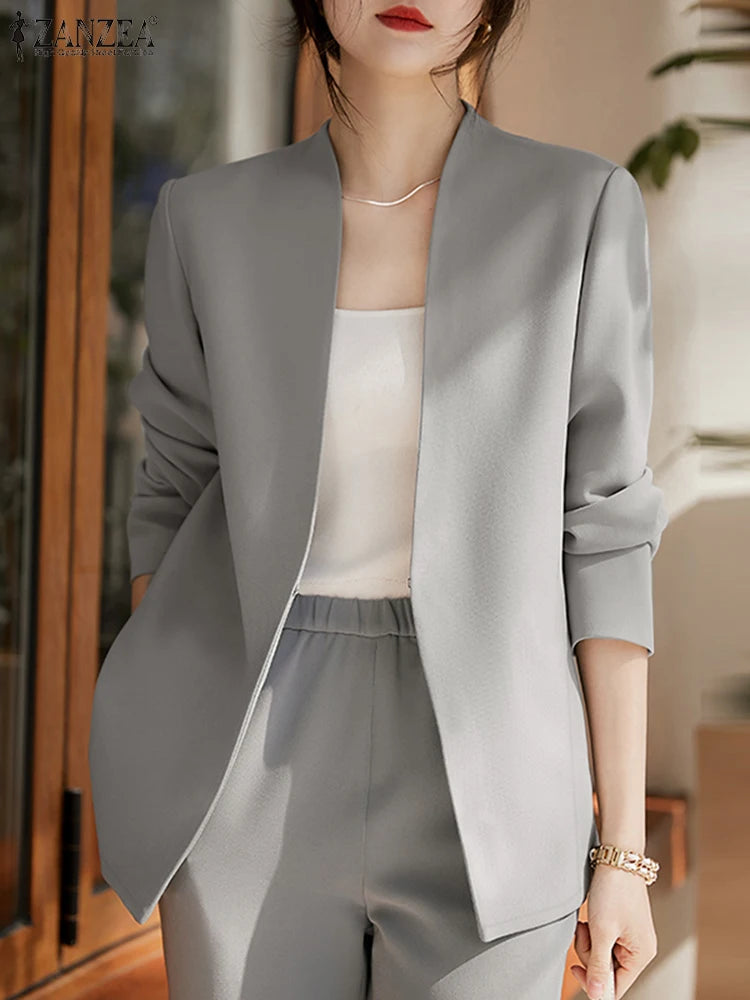 2025 Autumn Lightweight Blazer for Woman V-Neck Long Sleeve Solid Colour Casual Suit Coats Korean Fashion Office Wear