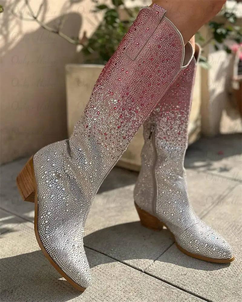Women Pointed Toe Rhinestone Knee High Western Cowgirl Boots Glitter Bling Shiny Block Heel Lady Boots