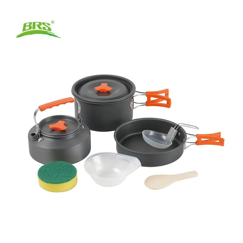 BRS 1set Camping Cookware Kit Outdoor Portable Aluminum Cooking Set Pots Dishes Bowler Kitchen Equipment Gear for Cooking Picnic
