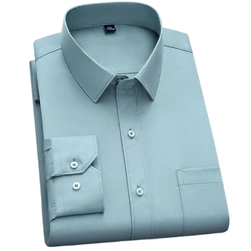 Men's Classic Solid Non-Iron Business Casual Shirt Anti-Wrinkle Soft Wear Long Sleeve Square Collar Tat Fabric Single Breasted