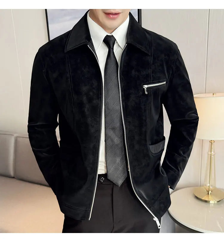 Men's Suede Casual Jacket, Lapel Fashionable Jacket, High-Grade Zipper Decorations, Business Casual Warm Male Coat