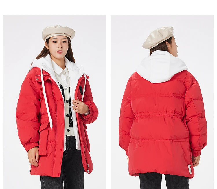 Women's Faux Two-Piece Mid-Length Puffer Jacket With Cosy Polar Fleece Lining, Hooded Warmth Loose Duck Down Coats For Ladies
