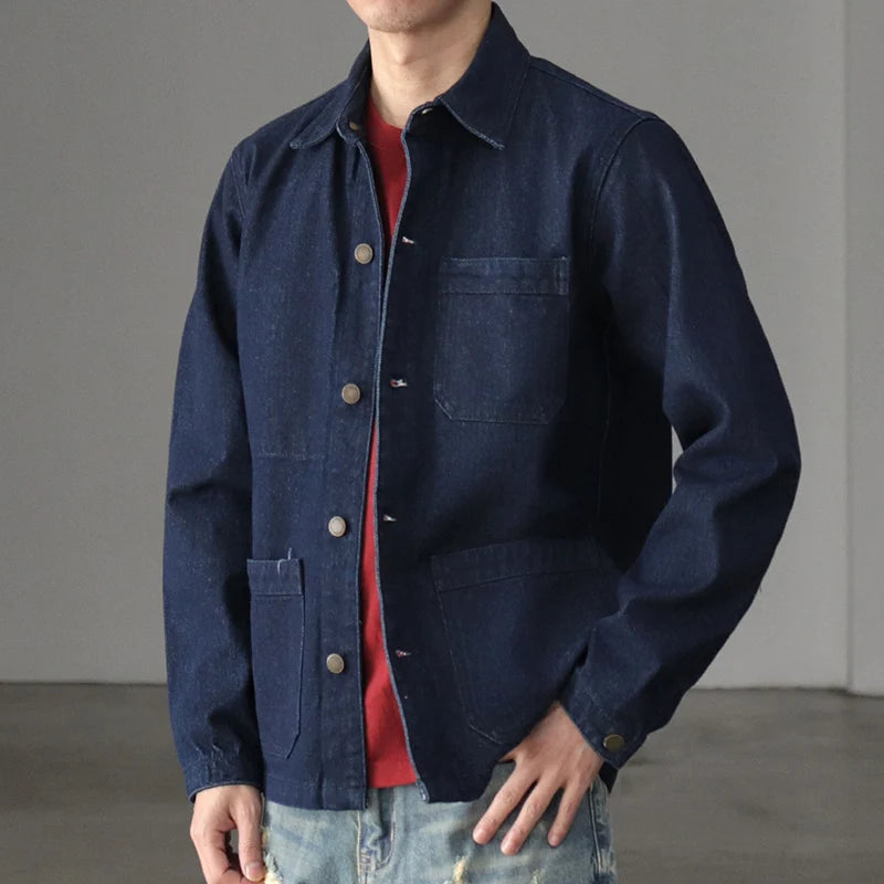 Spring Autumn New American Retro Heavyweight Denim Cargo Jacket Men's Fashion Pure Cotton Washed Multi Pocket Casual Coat