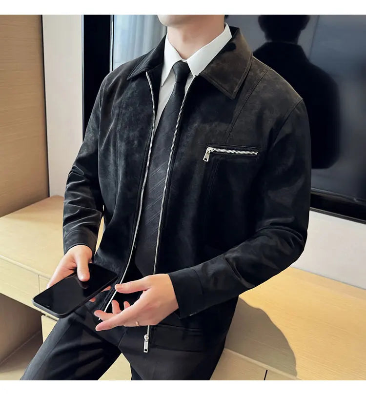Men's Suede Casual Jacket, Lapel Fashionable Jacket, High-Grade Zipper Decorations, Business Casual Warm Male Coat