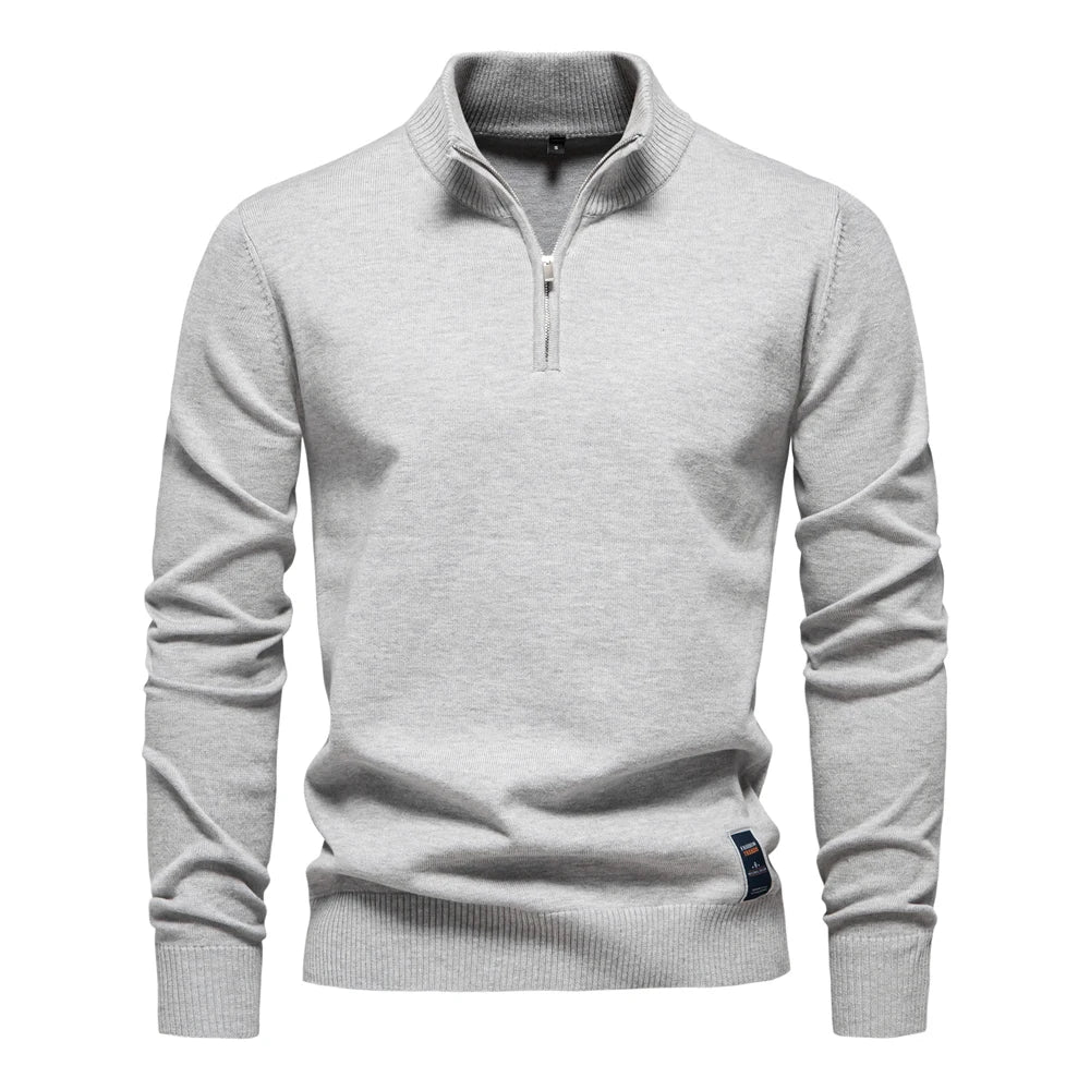 Men's Quarter Zip Cotton Pullover Sweaters Solid Colour Casual Social Knitted Mock Neck Polo Sweaters for Men