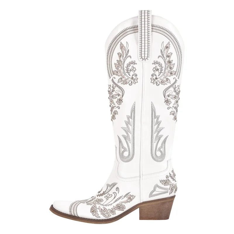 Women Pointed Toe Embroidered White Western Cowboy Boots Block Heel Pull-On Cowgirl Booties