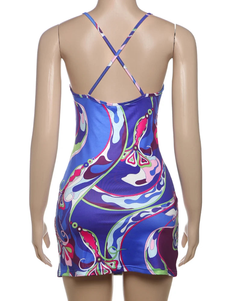 Women's Y2K Backless Dress Sleeveless Colorful Print Tight Mini Summer Sexy Clubwear High Stretch Polyester Spandex