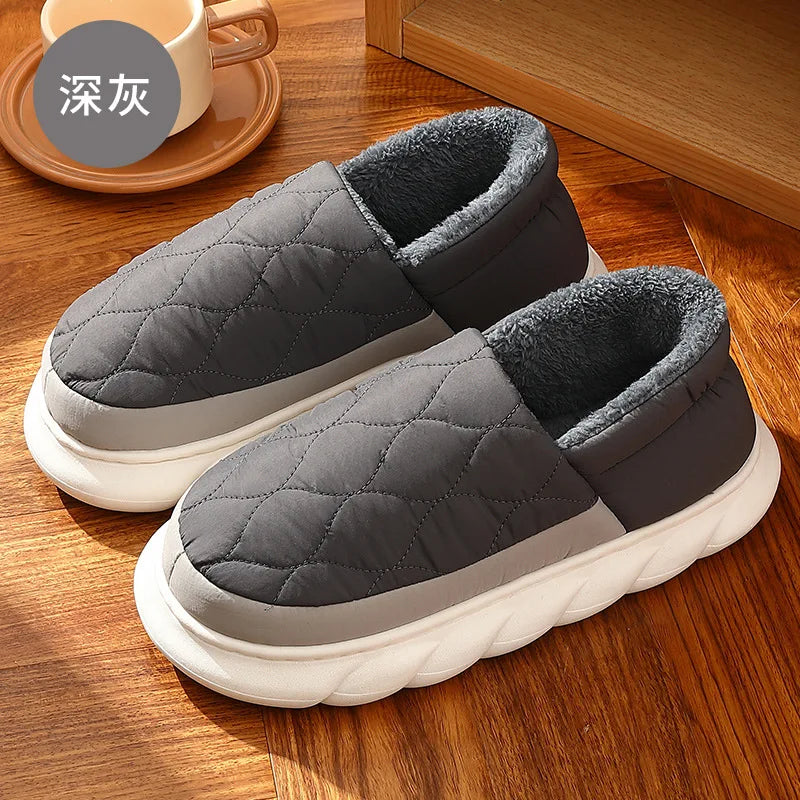 Unisex Plush Winter Slippers Outdoor and Indoor Warm Waterproof Cotton Shoes With Anti-Skid Thick Sole Home Slides For Men & Women
