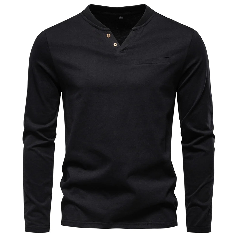 Men's High Quality Long Sleeve T-Shirt Fashion Pure Cotton Henley Collar Long Male T-Shirt