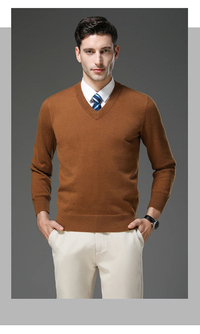 Men's Warm V-Neck Solid Colour Sweater, Autumn & Winter Stretch Top, Daily Leisure Pullover Knitwear, Male Business Casual