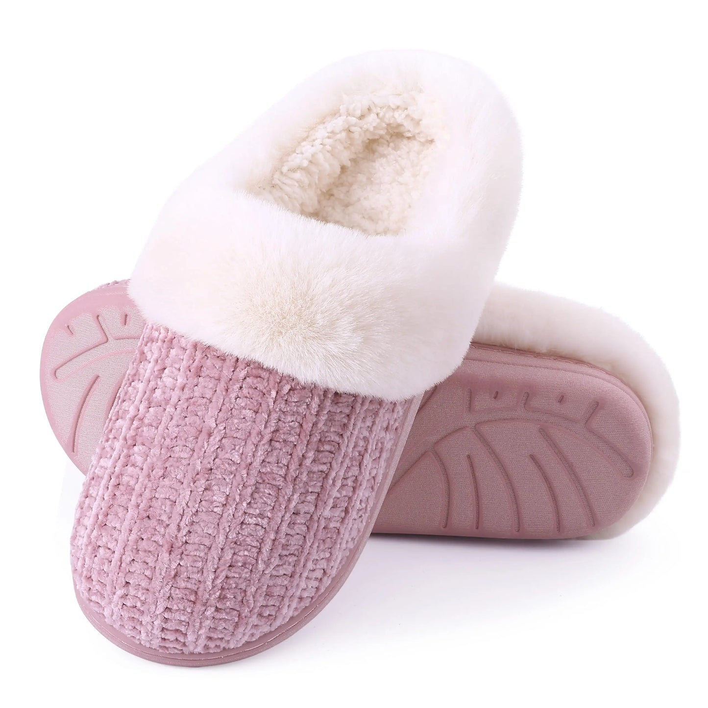 Women's Fleece Lined Warm House Cotton Slippers With Memory Foam and Non-Slip Cosy Fluffy Sole Plush Knit Slides Suitable For Bedroom Use