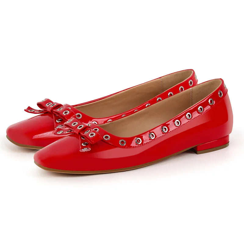 Women Flats Square Toe Butterfly-knot Patent Leather Strap Retro Elegant Big Size Slip On Daily Flats