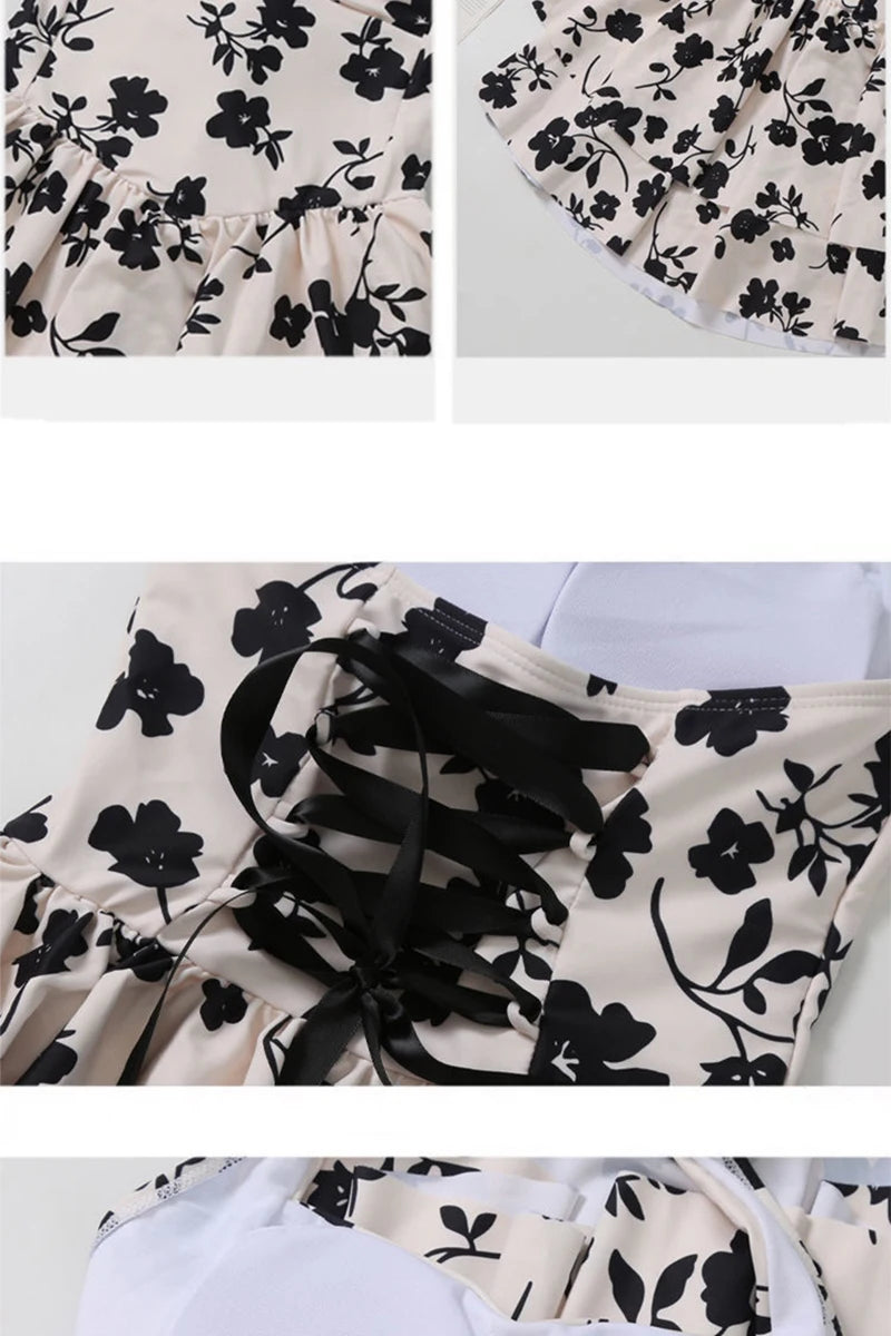 Sexy Halter Floral Print Women Swimwear Fashion Double Layer Ruffled One Piece Swimsuits New Beach Holiday High Waist Swimsuit