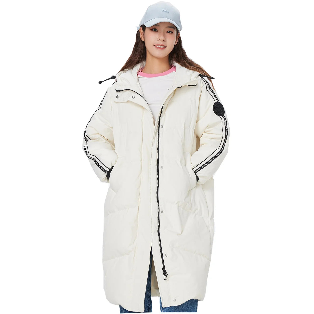 Women's Long Puffer Coat With Striped Webbing, Oversized Straight-Cut Sporty Style, Duck Down Thick Warm Jacket